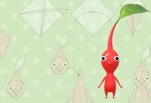 Un Pikmin rouge se tient debout devant des schémas d’origami sur fond vert.