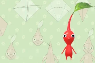 Un Pikmin rouge se tient debout devant des schémas d’origami sur fond vert.