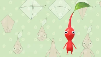 Un Pikmin rouge se tient debout devant des schémas d’origami sur fond vert.