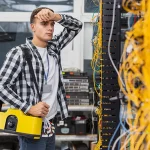 Technicien réseau fatigué observant un serveur après une panne AWS