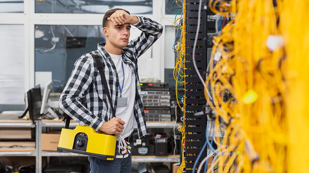 Technicien réseau fatigué observant un serveur après une panne AWS