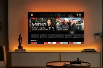 TV d’Orange sur téléviseur Philips Titan OS, écran d’accueil en direct et replay, halo Ambilight éclairant le mur du salon