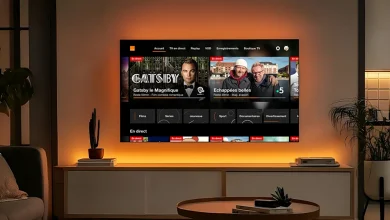 TV d’Orange sur téléviseur Philips Titan OS, écran d’accueil en direct et replay, halo Ambilight éclairant le mur du salon