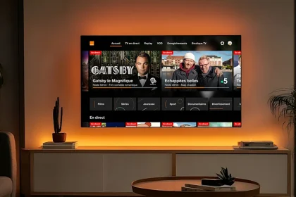 TV d’Orange sur téléviseur Philips Titan OS, écran d’accueil en direct et replay, halo Ambilight éclairant le mur du salon
