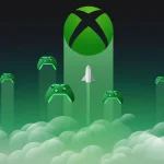 Xbox et manettes qui s’élèvent au-dessus de nuages, visuel de lancement d’une prochaine génération premium