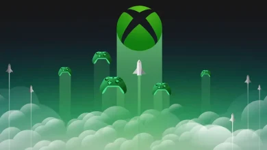 Xbox et manettes qui s’élèvent au-dessus de nuages, visuel de lancement d’une prochaine génération premium