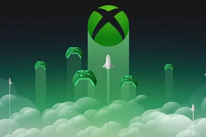 Xbox et manettes qui s’élèvent au-dessus de nuages, visuel de lancement d’une prochaine génération premium