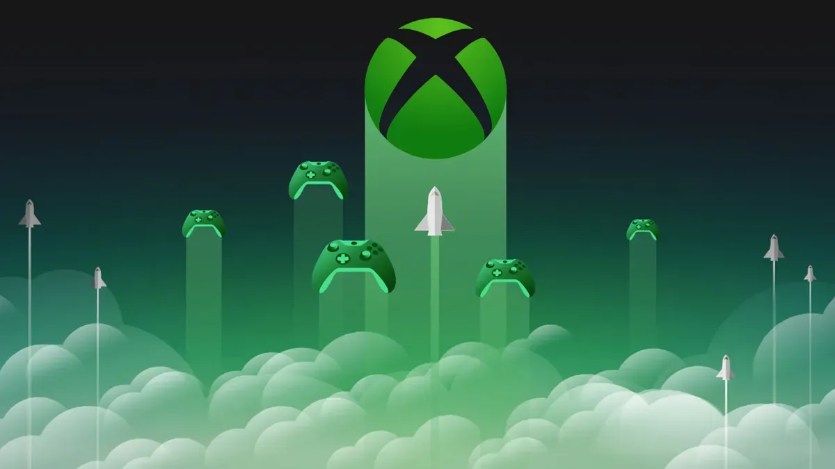Xbox et manettes qui s’élèvent au-dessus de nuages, visuel de lancement d’une prochaine génération premium