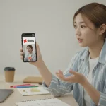 Utilisatrice montre YouTube Shorts sur smartphone dans un studio maison