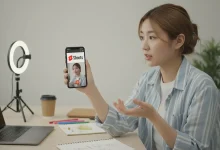 Utilisatrice montre YouTube Shorts sur smartphone dans un studio maison