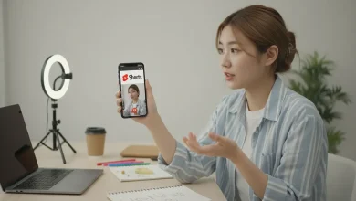 Utilisatrice montre YouTube Shorts sur smartphone dans un studio maison