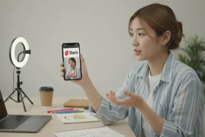 Utilisatrice montre YouTube Shorts sur smartphone dans un studio maison