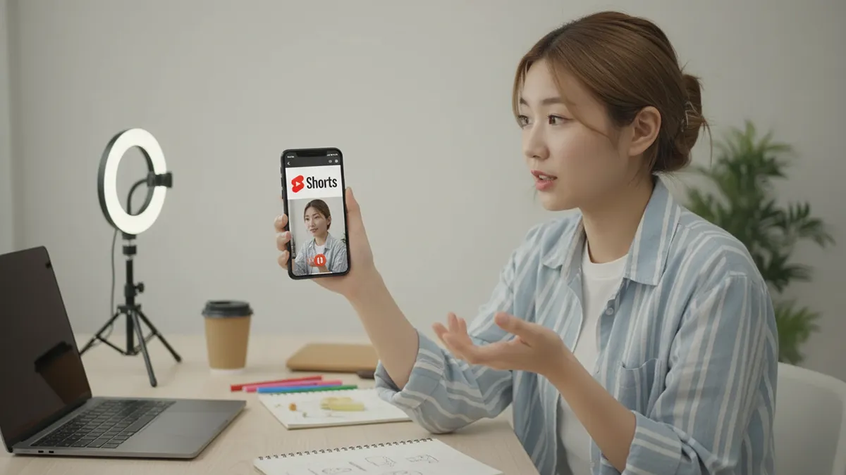 Utilisatrice montre YouTube Shorts sur smartphone dans un studio maison