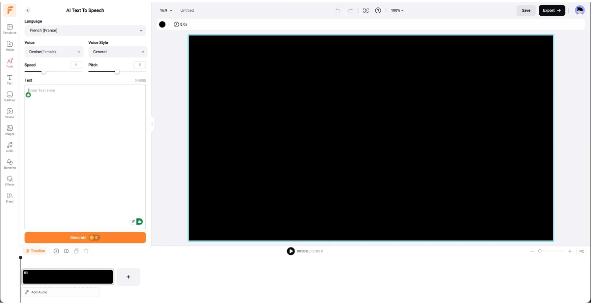 Interface AI Text To Speech de FlexClip pour la création de voix off
