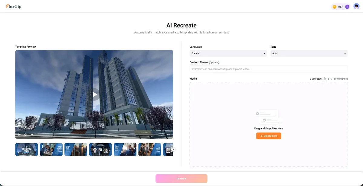 Zone de dépôt de fichiers dans l’outil AI Recreate de FlexClip