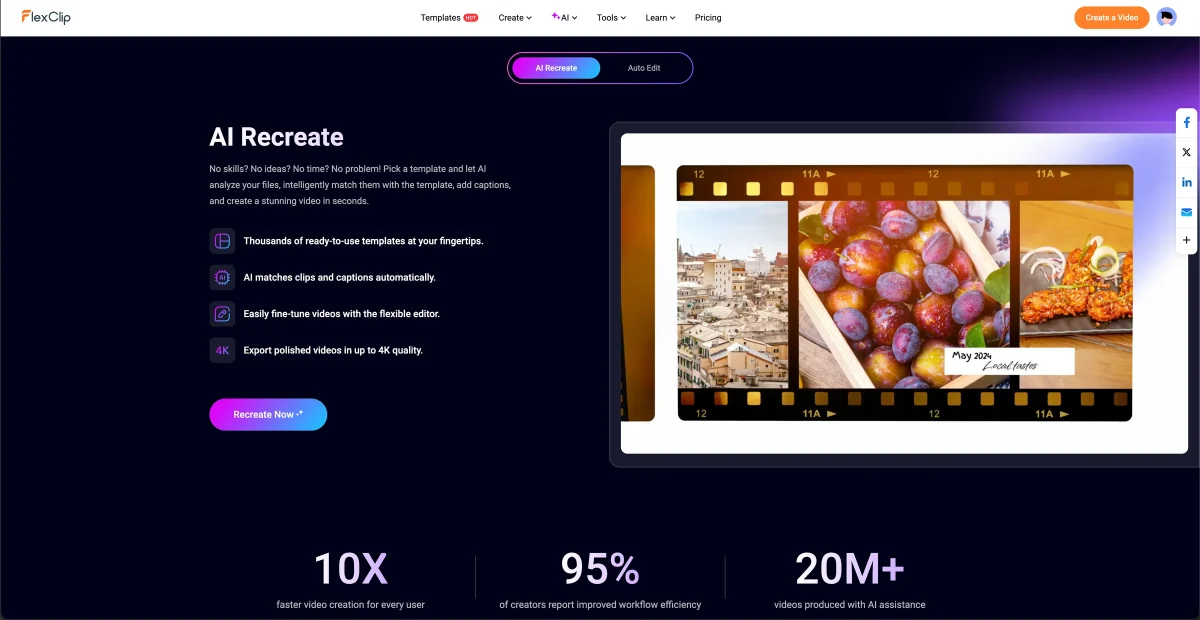 Page de présentation de AI Recreate sur le site de FlexClip