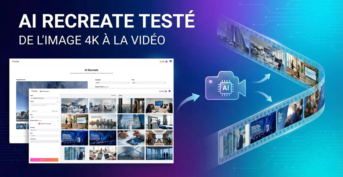 Interface AI Recreate de FlexClip pendant un test de génération vidéo