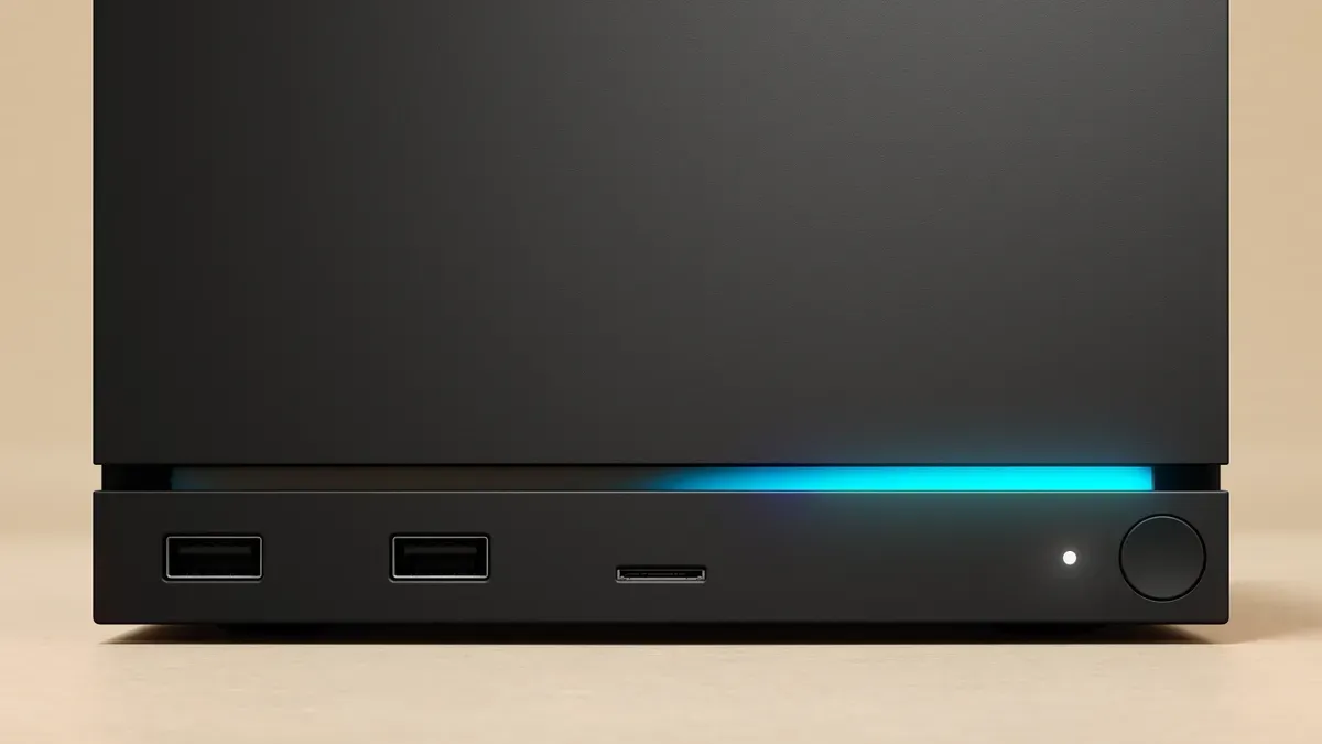 Gros plan sur la façade avant d’un mini-PC avec ports USB et éclairage bleu.