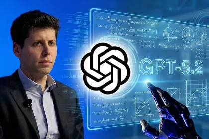 Logo OpenAI et mention GPT-5.2, fond d’équations, main robotique et portrait en costume sur la gauche.