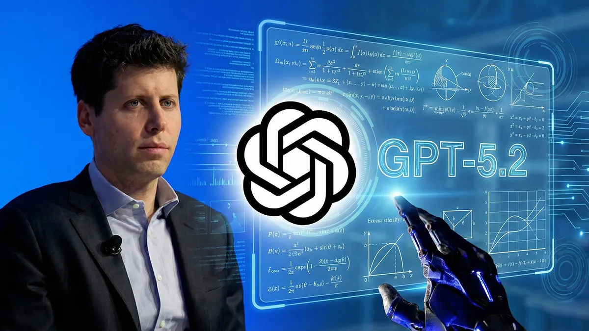 Logo OpenAI et mention GPT-5.2, fond d’équations, main robotique et portrait en costume sur la gauche.