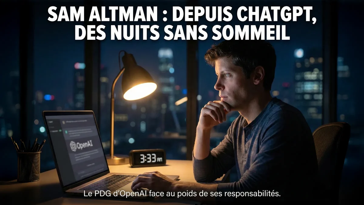 Illustration de Sam Altman, PDG d’OpenAI, travaillant de nuit devant un ordinateur lié à ChatGPT, avec une horloge indiquant une heure tardive et un titre évoquant des nuits sans sommeil.