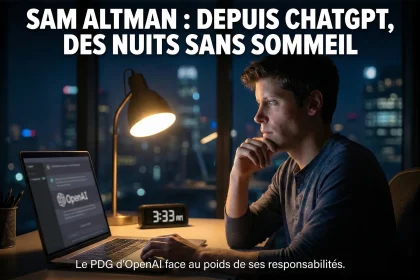 Illustration de Sam Altman, PDG d’OpenAI, travaillant de nuit devant un ordinateur lié à ChatGPT, avec une horloge indiquant une heure tardive et un titre évoquant des nuits sans sommeil.