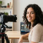 Créatrice dans un studio, caméra et micro, montage pour IA vidéo gratuites sur ordinateur