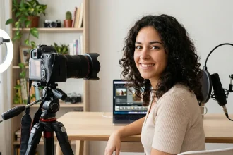 Créatrice dans un studio, caméra et micro, montage pour IA vidéo gratuites sur ordinateur