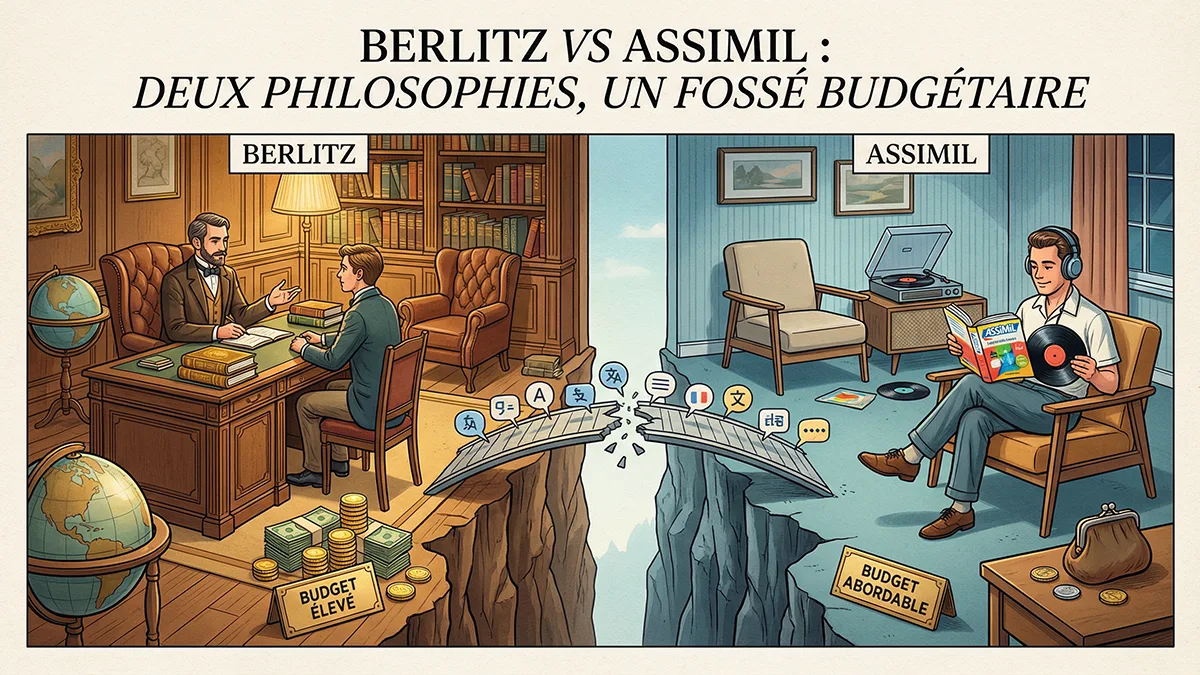 Illustration comparant le coût élevé des cours Berlitz face au budget abordable de la méthode Assimil