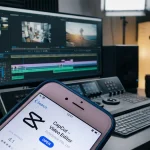 Smartphone affichant la page de téléchargement de CapCut devant un poste de travail de montage vidéo.