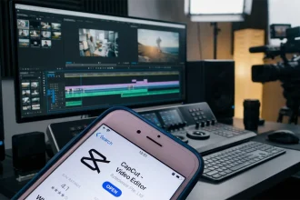 Smartphone affichant la page de téléchargement de CapCut devant un poste de travail de montage vidéo.