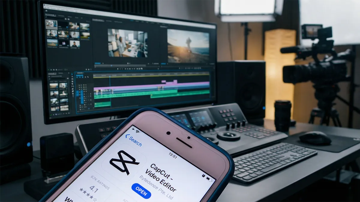Smartphone affichant la page de téléchargement de CapCut devant un poste de travail de montage vidéo.