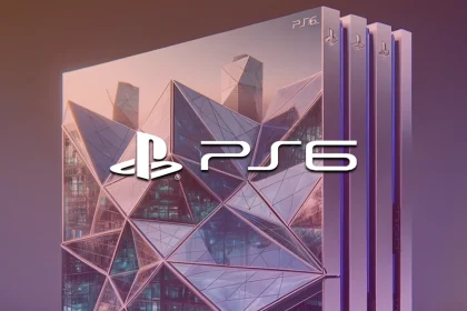 Logo PlayStation et texte PS6 superposés sur un concept de console au design géométrique et futuriste