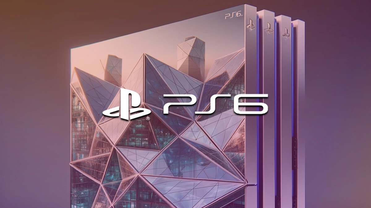 Logo PlayStation et texte PS6 superposés sur un concept de console au design géométrique et futuriste