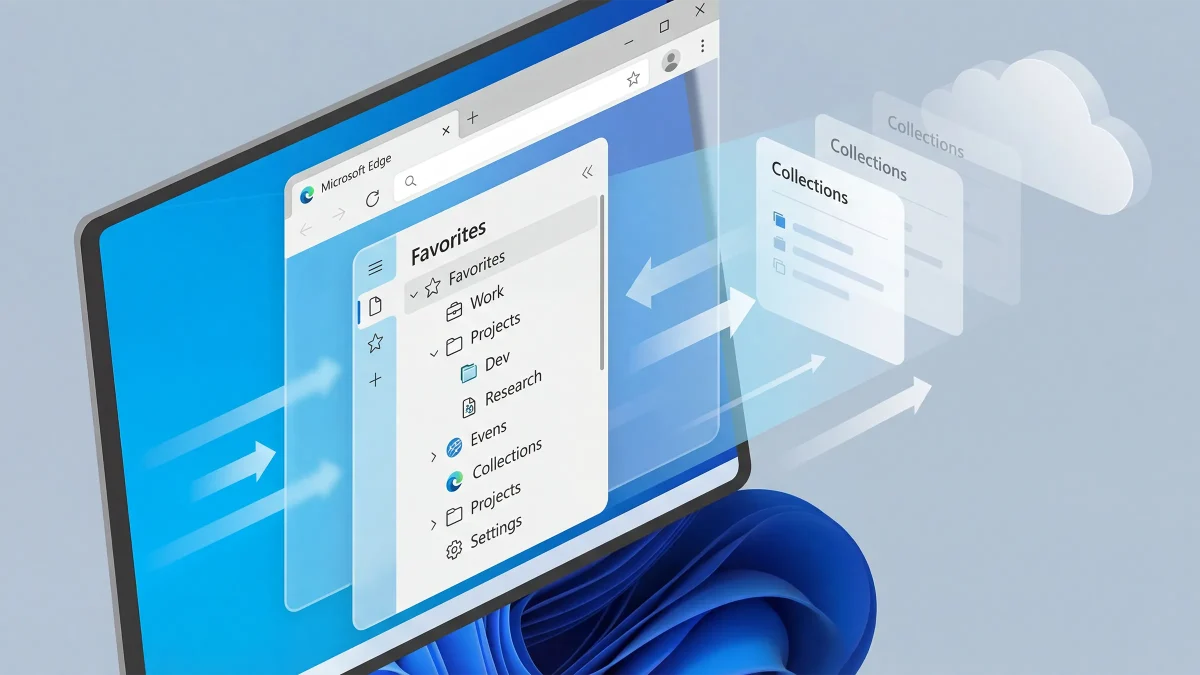 Panneau des favoris Microsoft Edge sous Windows 11 montrant dossiers, projets et collections dans l’interface latérale