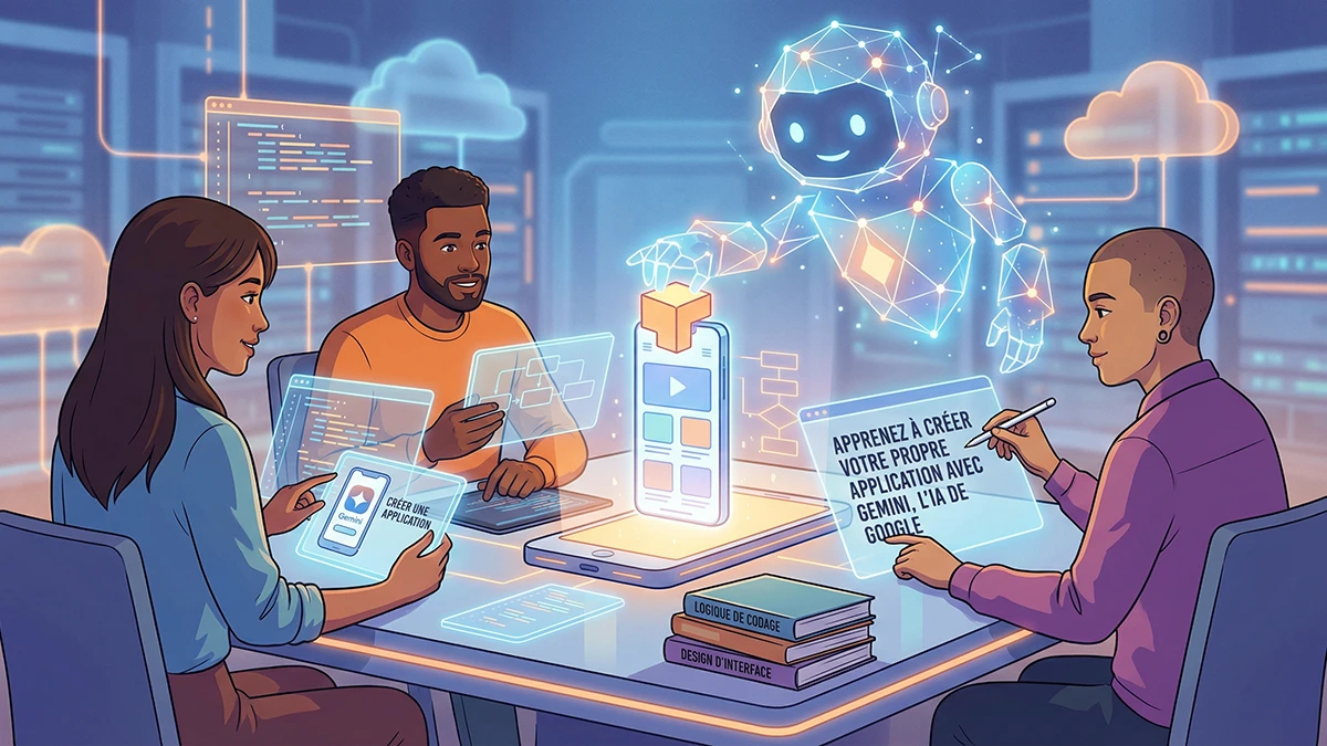 Équipe de développeurs collaborant autour d'une interface holographique assistée par un avatar IA