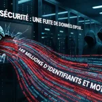 Illustration symbolisant une fuite massive de données avec un écran brisé laissant échapper des flux de codes binaires rouges et bleus.