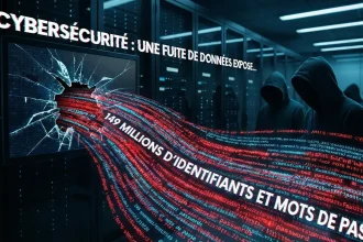 Illustration symbolisant une fuite massive de données avec un écran brisé laissant échapper des flux de codes binaires rouges et bleus.