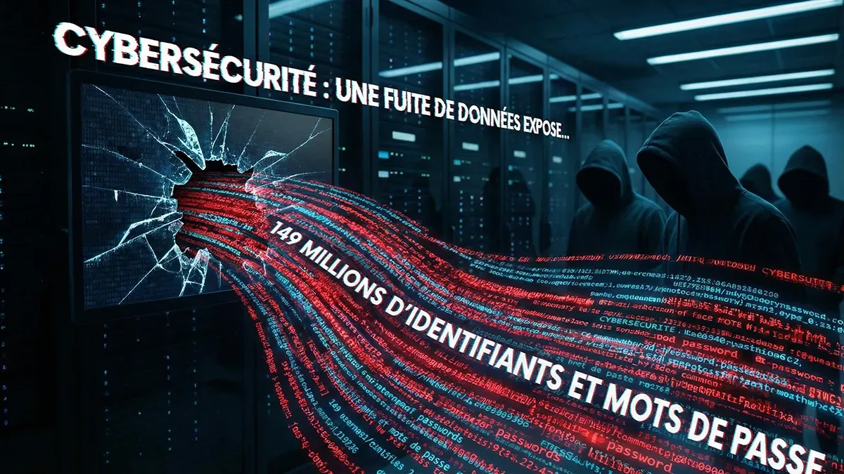 Illustration symbolisant une fuite massive de données avec un écran brisé laissant échapper des flux de codes binaires rouges et bleus.