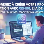 Développeur utilisant l'interface Gemini sur un ordinateur portable pour coder une application avec du code visible à l'écran