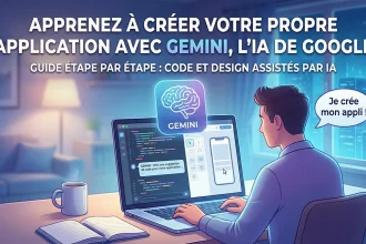 Développeur utilisant l'interface Gemini sur un ordinateur portable pour coder une application avec du code visible à l'écran