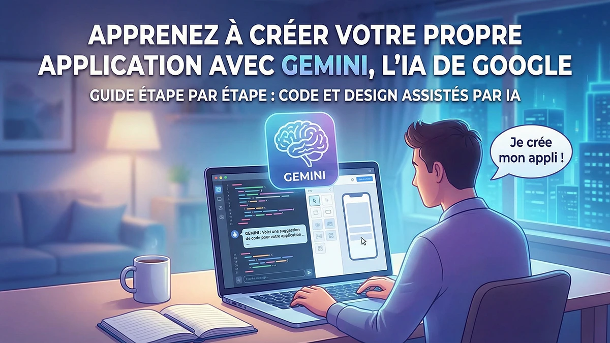 Développeur utilisant l'interface Gemini sur un ordinateur portable pour coder une application avec du code visible à l'écran