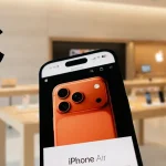 iPhone tenu en main dans un Apple Store affichant une publicité pour l'iPhone Air avec logo Apple en superposition