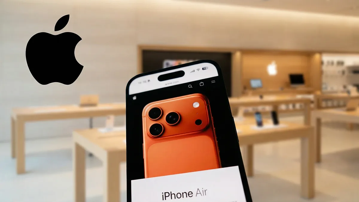 iPhone tenu en main dans un Apple Store affichant une publicité pour l'iPhone Air avec logo Apple en superposition