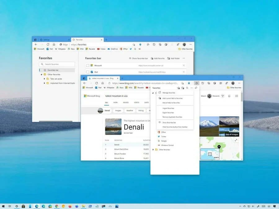 Gestionnaire des favoris Microsoft Edge sous Windows 11 affichant la barre des favoris et les dossiers importés