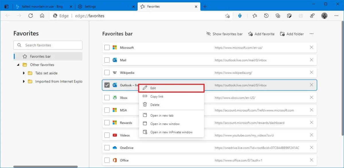Menu d’édition d’un favori dans le gestionnaire Microsoft Edge sous Windows 11 avec options modifier et supprimer