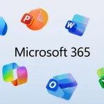 Icônes des applications Microsoft 365 incluant Outlook et Teams flottant autour du logo central