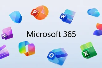 Icônes des applications Microsoft 365 incluant Outlook et Teams flottant autour du logo central