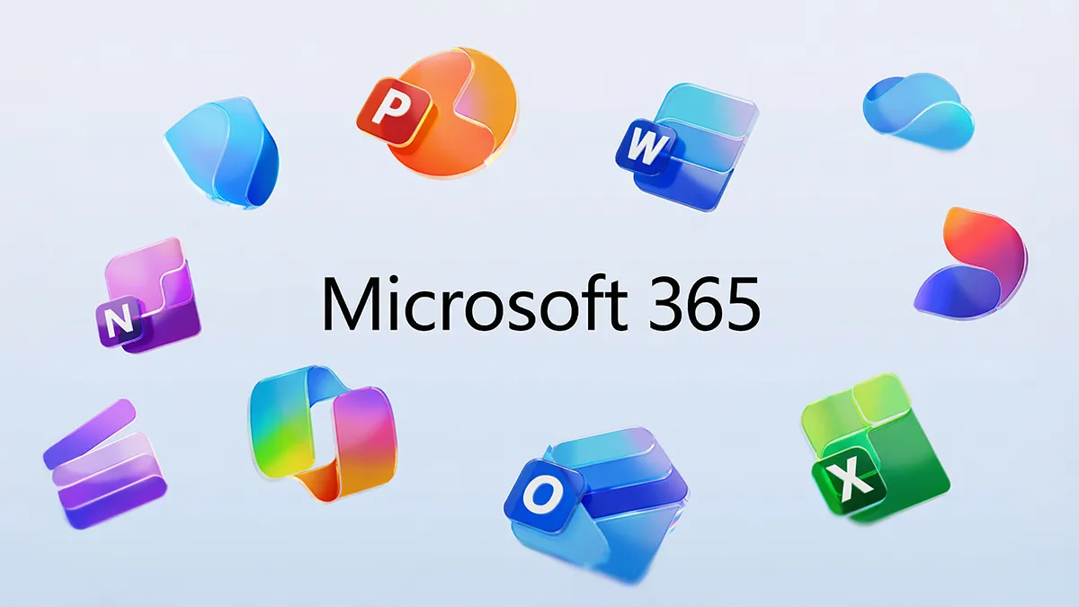 Icônes des applications Microsoft 365 incluant Outlook et Teams flottant autour du logo central