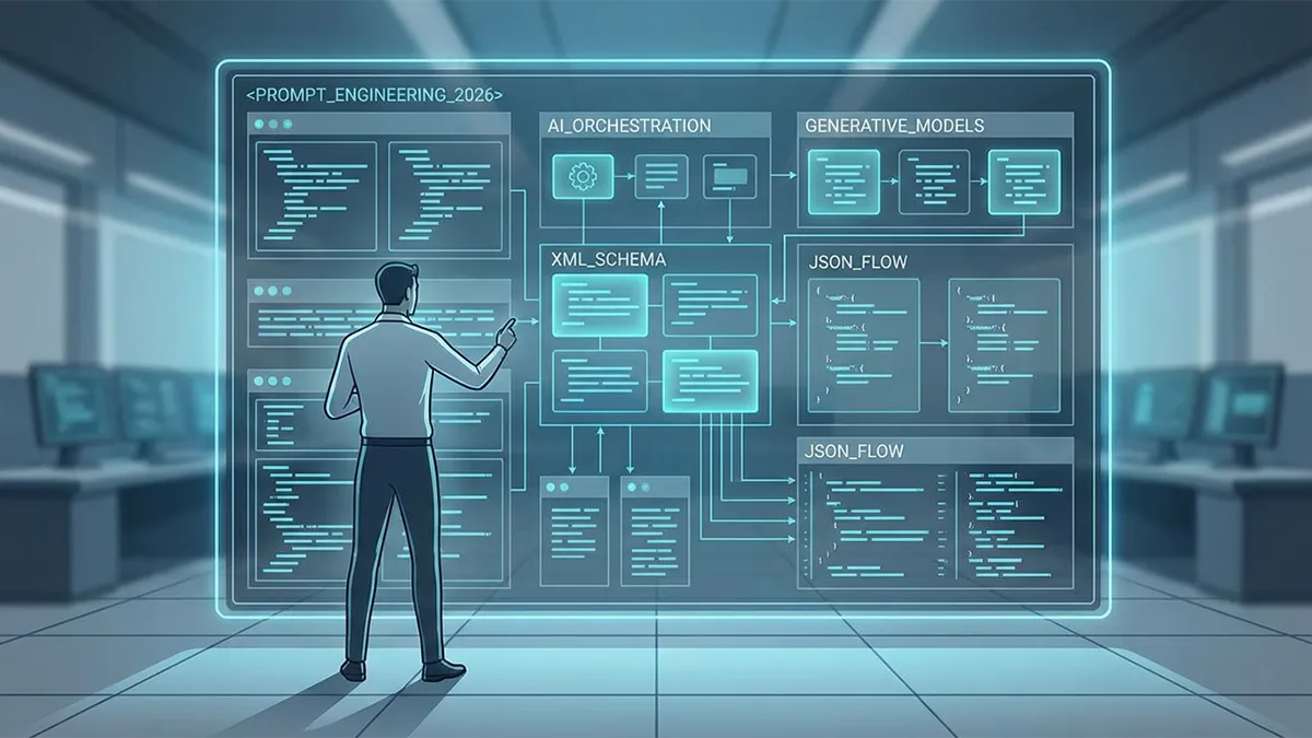 Console d’orchestration prompts IA 2026 avec blocs XML, schémas JSON et flux de données.